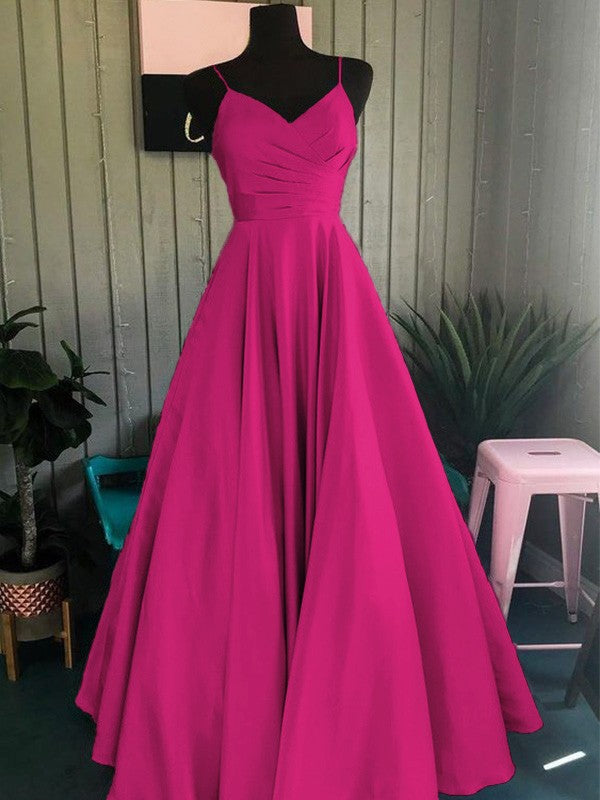 A-Line/Princess Satin Ruched Spaghetti Straps Sleeveless Floor-Length Prom Dress