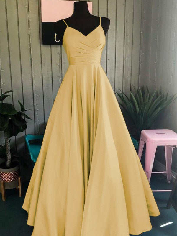 A-Line/Princess Satin Ruched Spaghetti Straps Sleeveless Floor-Length Prom Dress