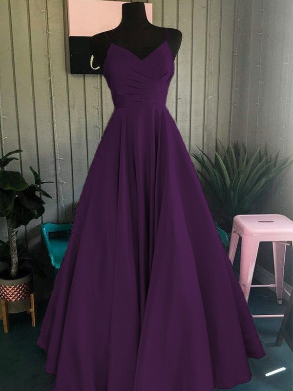A-Line/Princess Satin Ruched Spaghetti Straps Sleeveless Floor-Length Prom Dress