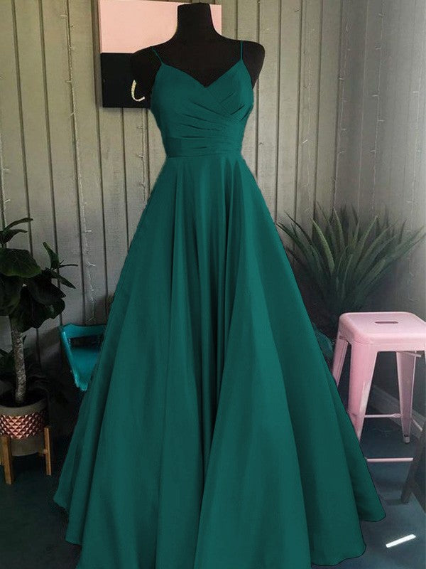 A-Line/Princess Satin Ruched Spaghetti Straps Sleeveless Floor-Length Prom Dress