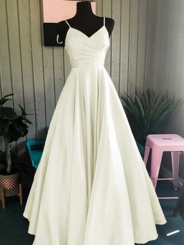 A-Line/Princess Satin Ruched Spaghetti Straps Sleeveless Floor-Length Prom Dress