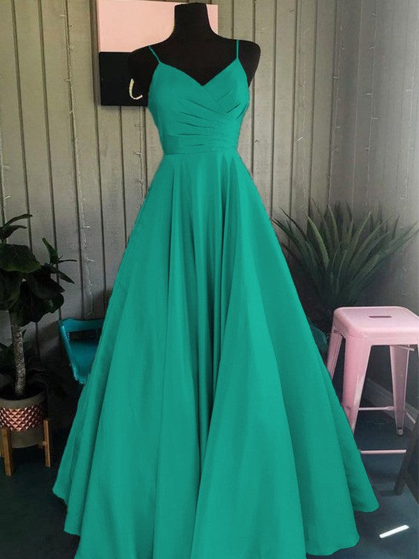 A-Line/Princess Satin Ruched Spaghetti Straps Sleeveless Floor-Length Prom Dress