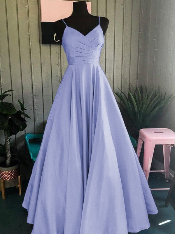 A-Line/Princess Satin Ruched Spaghetti Straps Sleeveless Floor-Length Prom Dress