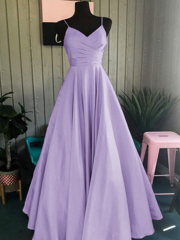A-Line/Princess Satin Ruched Spaghetti Straps Sleeveless Floor-Length Prom Dress