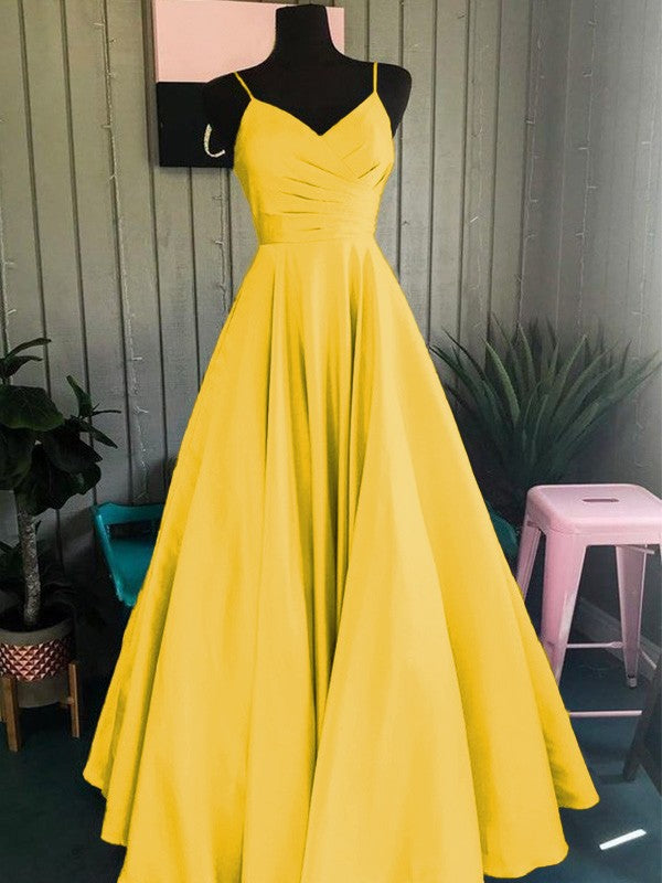 A-Line/Princess Satin Ruched Spaghetti Straps Sleeveless Floor-Length Prom Dress