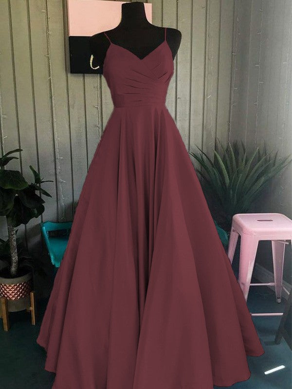A-Line/Princess Satin Ruched Spaghetti Straps Sleeveless Floor-Length Prom Dress