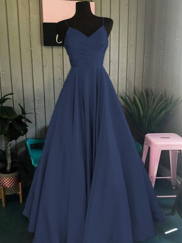 A-Line/Princess Satin Ruched Spaghetti Straps Sleeveless Floor-Length Prom Dress