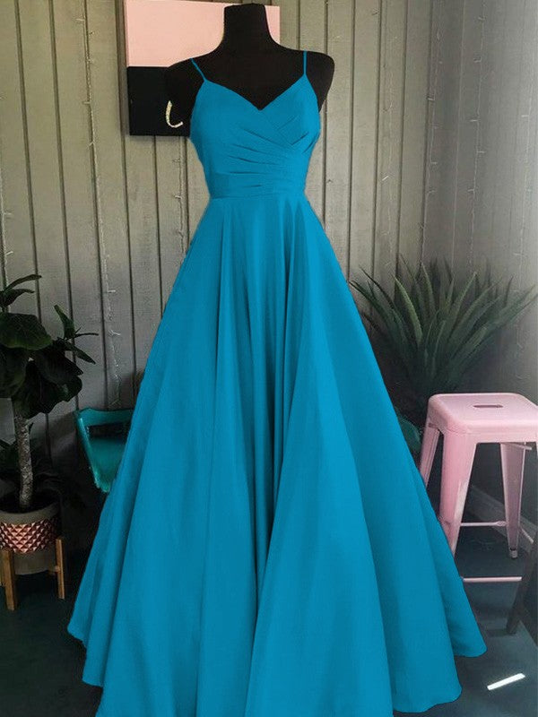 A-Line/Princess Satin Ruched Spaghetti Straps Sleeveless Floor-Length Prom Dress