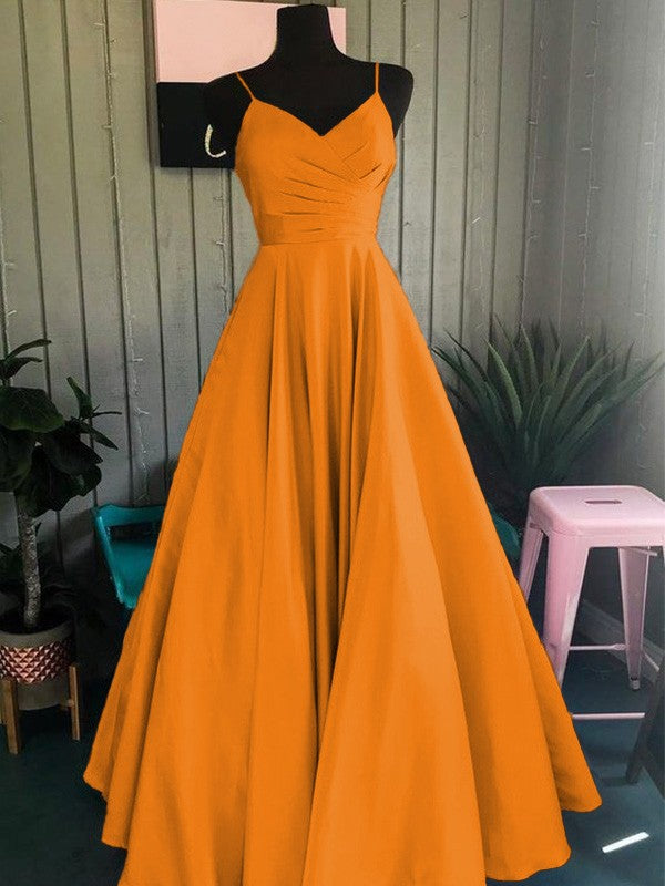 A-Line/Princess Satin Ruched Spaghetti Straps Sleeveless Floor-Length Prom Dress