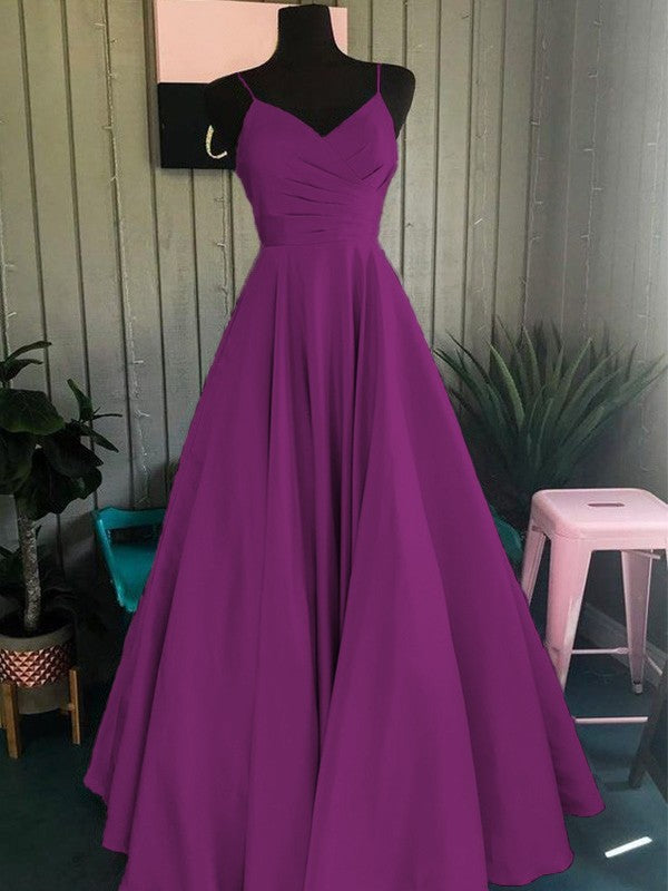 A-Line/Princess Satin Ruched Spaghetti Straps Sleeveless Floor-Length Prom Dress