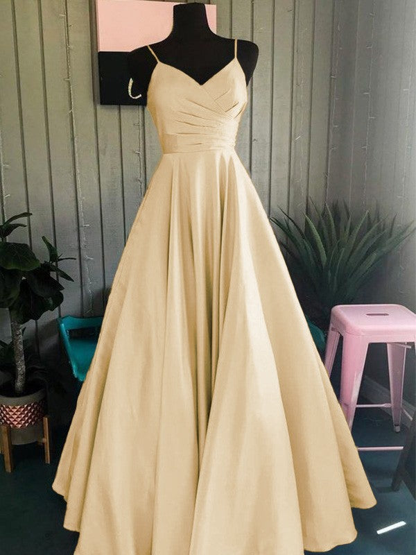 A-Line/Princess Satin Ruched Spaghetti Straps Sleeveless Floor-Length Prom Dress