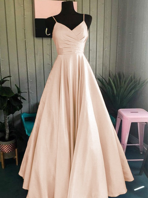A-Line/Princess Satin Ruched Spaghetti Straps Sleeveless Floor-Length Prom Dress
