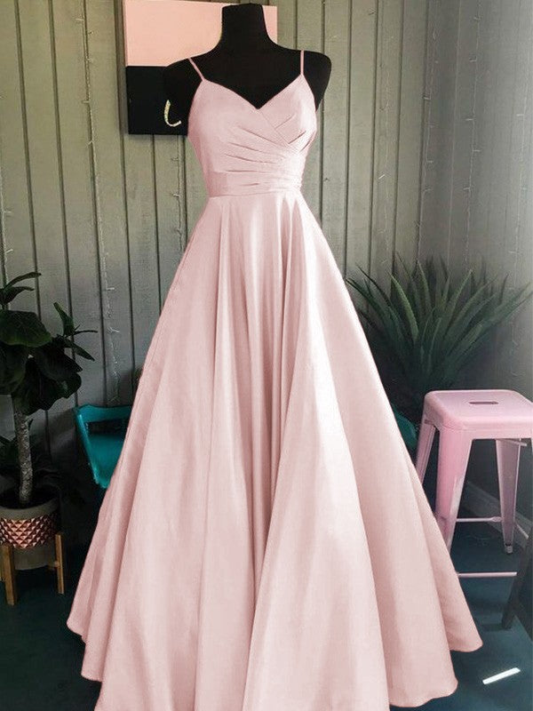 A-Line/Princess Satin Ruched Spaghetti Straps Sleeveless Floor-Length Prom Dress
