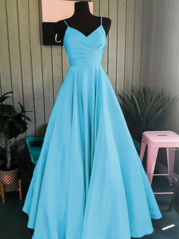 A-Line/Princess Satin Ruched Spaghetti Straps Sleeveless Floor-Length Prom Dress