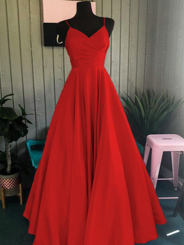 A-Line/Princess Satin Ruched Spaghetti Straps Sleeveless Floor-Length Prom Dress