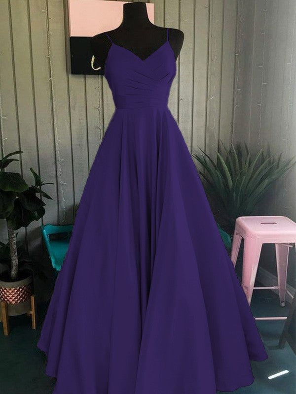 A-Line/Princess Satin Ruched Spaghetti Straps Sleeveless Floor-Length Prom Dress