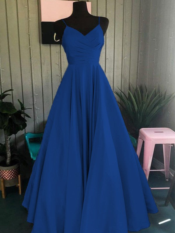A-Line/Princess Satin Ruched Spaghetti Straps Sleeveless Floor-Length Prom Dress