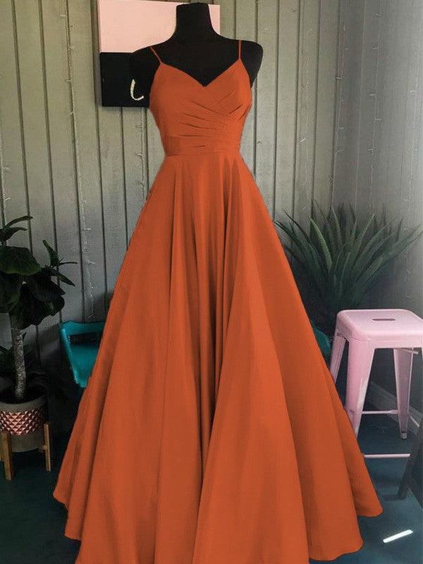 A-Line/Princess Satin Ruched Spaghetti Straps Sleeveless Floor-Length Prom Dress