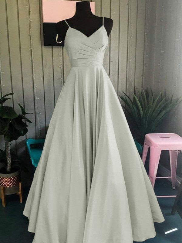 A-Line/Princess Satin Ruched Spaghetti Straps Sleeveless Floor-Length Prom Dress