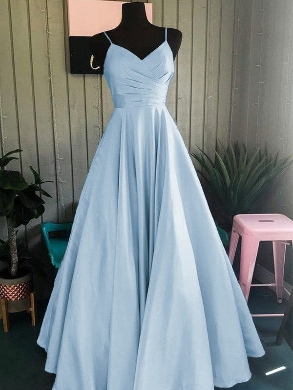A-Line/Princess Satin Ruched Spaghetti Straps Sleeveless Floor-Length Prom Dress