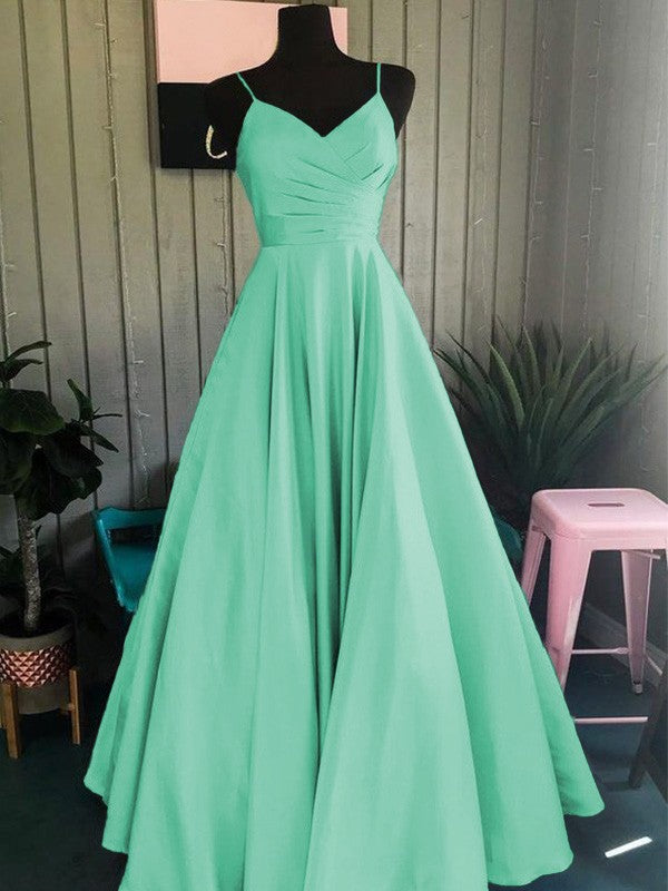 A-Line/Princess Satin Ruched Spaghetti Straps Sleeveless Floor-Length Prom Dress