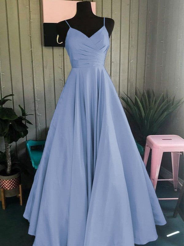 A-Line/Princess Satin Ruched Spaghetti Straps Sleeveless Floor-Length Prom Dress