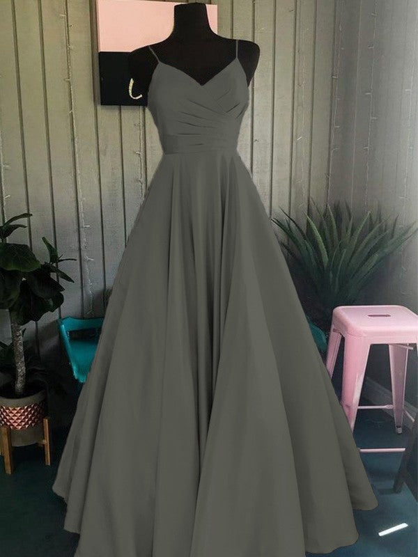 A-Line/Princess Satin Ruched Spaghetti Straps Sleeveless Floor-Length Prom Dress