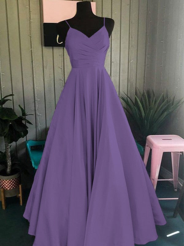A-Line/Princess Satin Ruched Spaghetti Straps Sleeveless Floor-Length Prom Dress