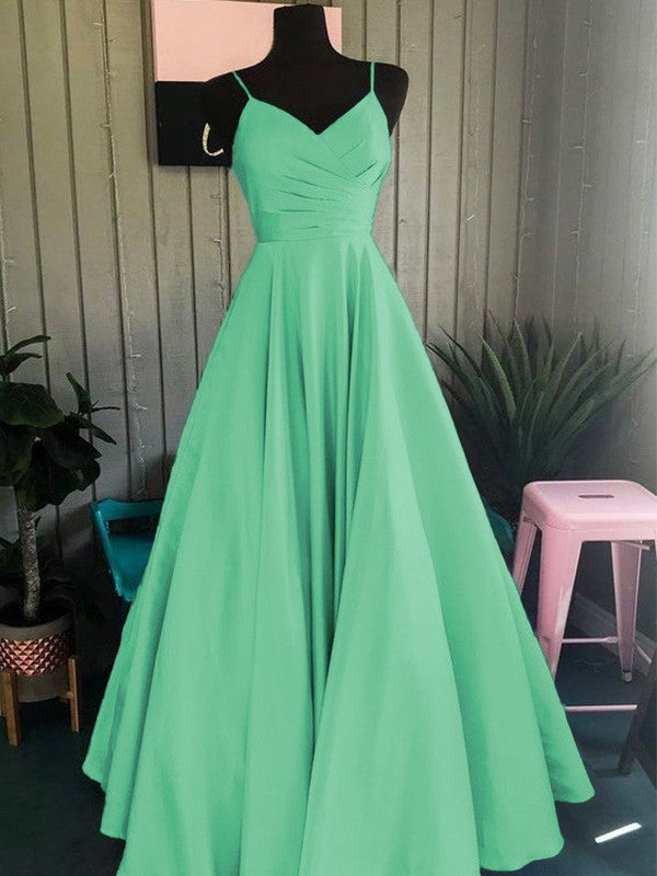 A-Line/Princess Satin Ruched Spaghetti Straps Sleeveless Floor-Length Prom Dress