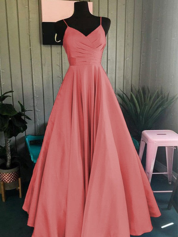 A-Line/Princess Satin Ruched Spaghetti Straps Sleeveless Floor-Length Prom Dress