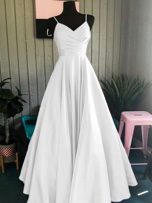 A-Line/Princess Satin Ruched Spaghetti Straps Sleeveless Floor-Length Prom Dress