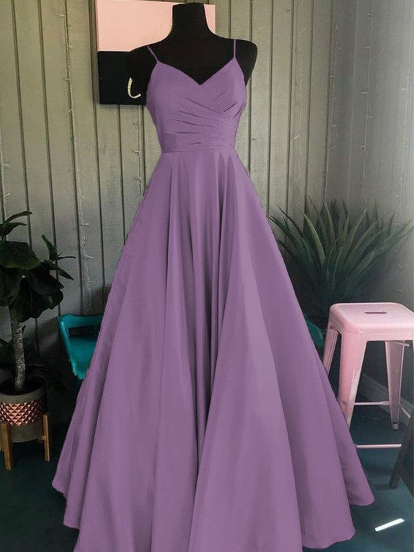 A-Line/Princess Satin Ruched Spaghetti Straps Sleeveless Floor-Length Prom Dress