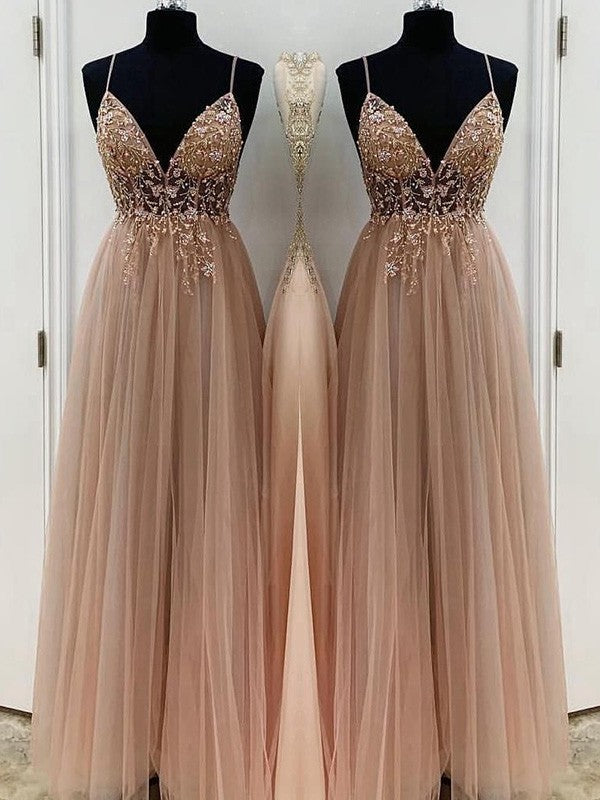A-Line/Princess Beading Tulle Spaghetti Straps Sleeveless Floor-Length Prom Dress