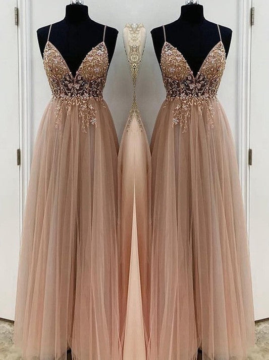 A-Line/Princess Beading Tulle Spaghetti Straps Sleeveless Floor-Length Prom Dress