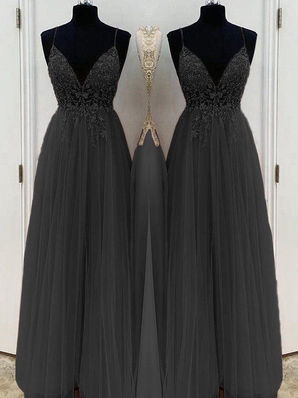 A-Line/Princess Beading Tulle Spaghetti Straps Sleeveless Floor-Length Prom Dress