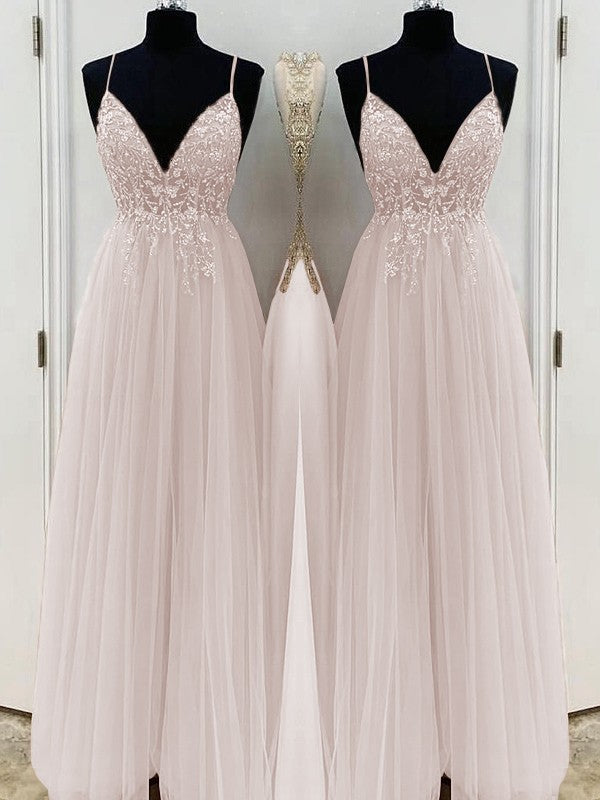 A-Line/Princess Beading Tulle Spaghetti Straps Sleeveless Floor-Length Prom Dress