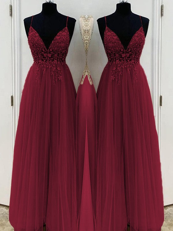 A-Line/Princess Beading Tulle Spaghetti Straps Sleeveless Floor-Length Prom Dress