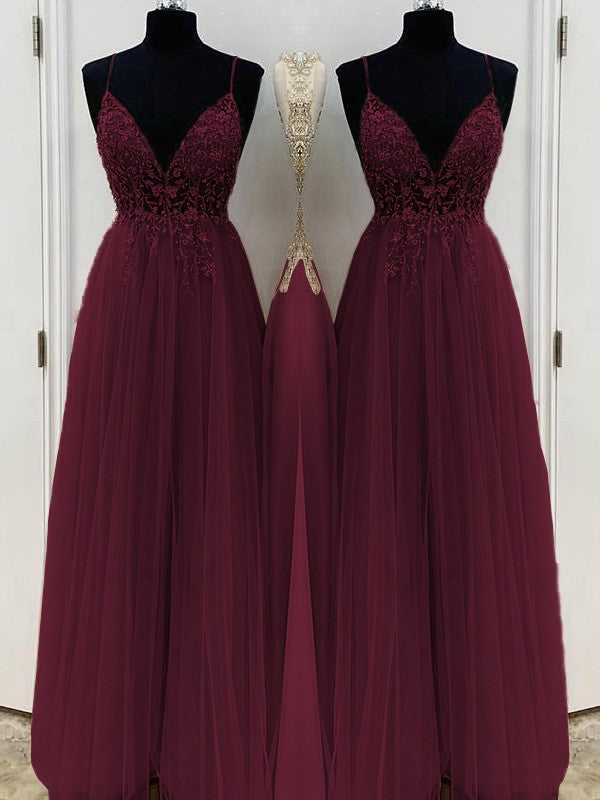 A-Line/Princess Beading Tulle Spaghetti Straps Sleeveless Floor-Length Prom Dress