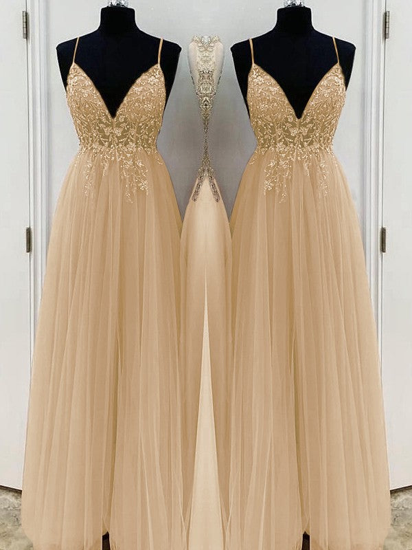 A-Line/Princess Beading Tulle Spaghetti Straps Sleeveless Floor-Length Prom Dress