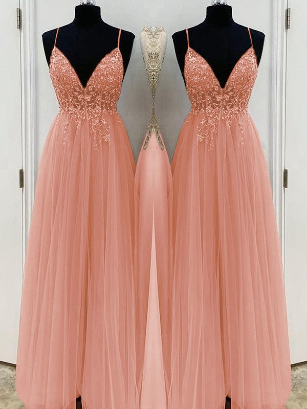 A-Line/Princess Beading Tulle Spaghetti Straps Sleeveless Floor-Length Prom Dress