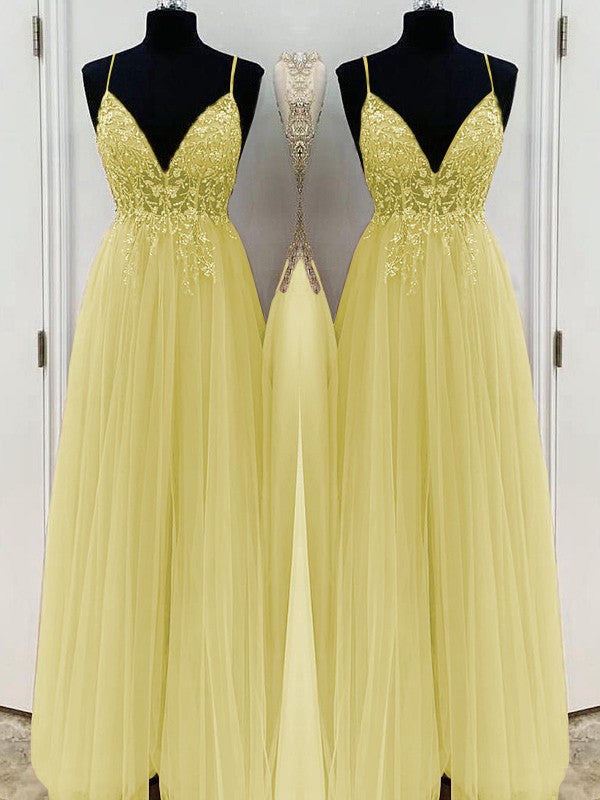 A-Line/Princess Beading Tulle Spaghetti Straps Sleeveless Floor-Length Prom Dress