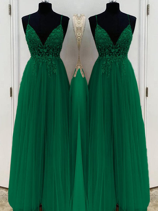 A-Line/Princess Beading Tulle Spaghetti Straps Sleeveless Floor-Length Prom Dress
