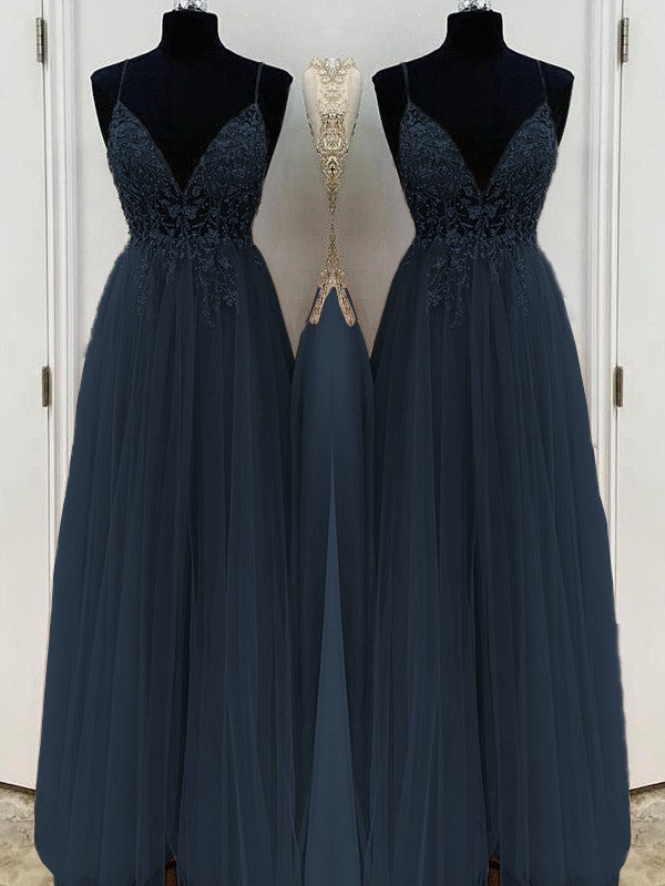 A-Line/Princess Beading Tulle Spaghetti Straps Sleeveless Floor-Length Prom Dress