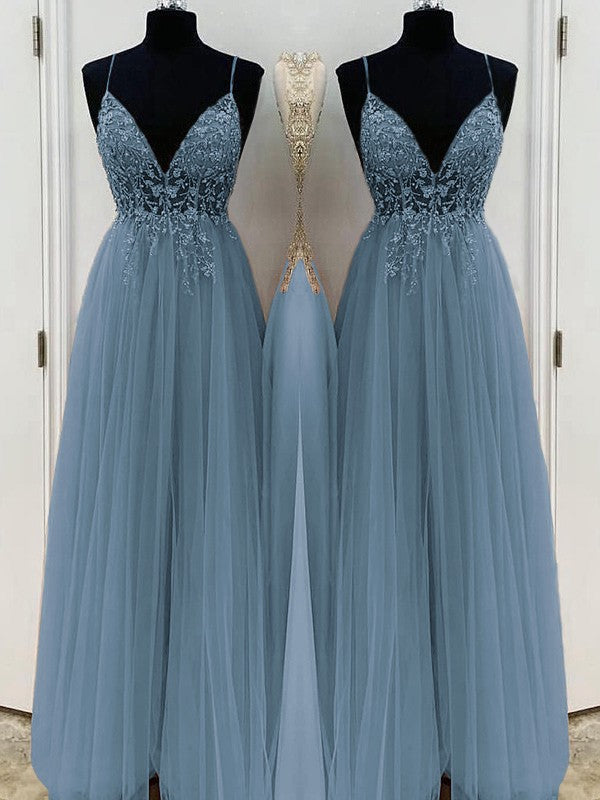 A-Line/Princess Beading Tulle Spaghetti Straps Sleeveless Floor-Length Prom Dress