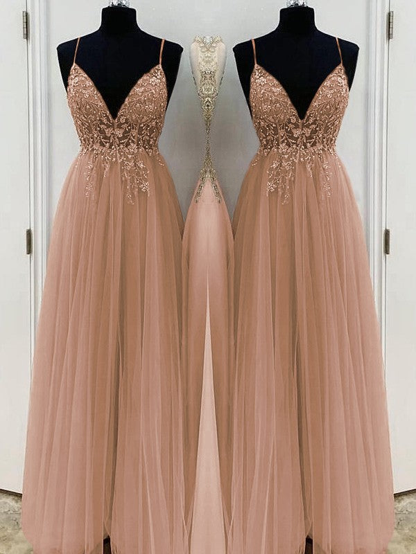 A-Line/Princess Beading Tulle Spaghetti Straps Sleeveless Floor-Length Prom Dress