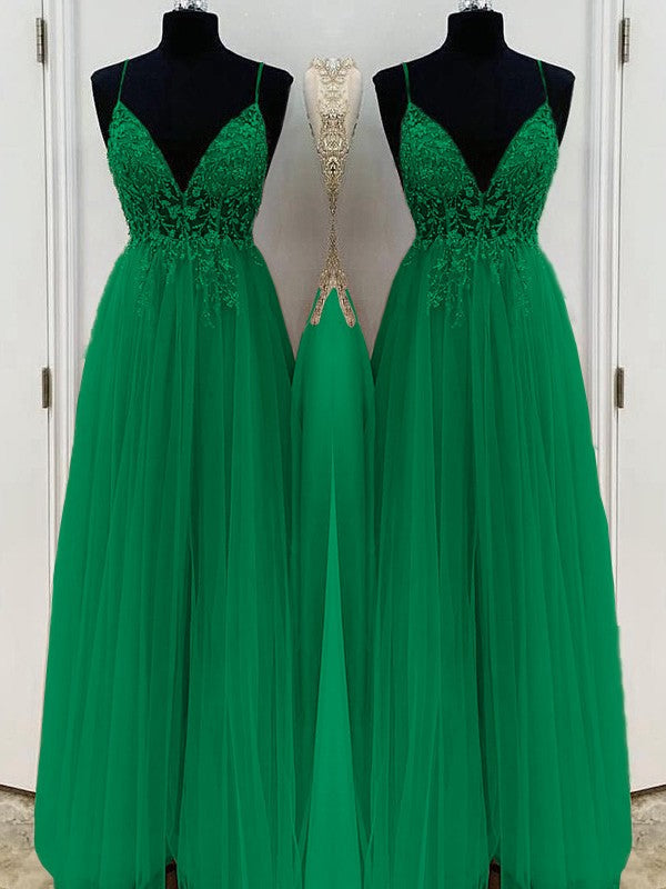 A-Line/Princess Beading Tulle Spaghetti Straps Sleeveless Floor-Length Prom Dress
