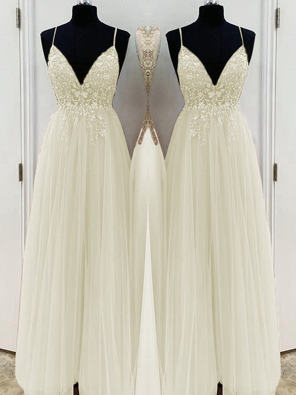 A-Line/Princess Beading Tulle Spaghetti Straps Sleeveless Floor-Length Prom Dress