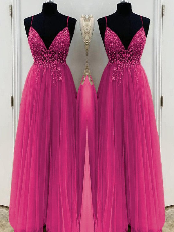 A-Line/Princess Beading Tulle Spaghetti Straps Sleeveless Floor-Length Prom Dress
