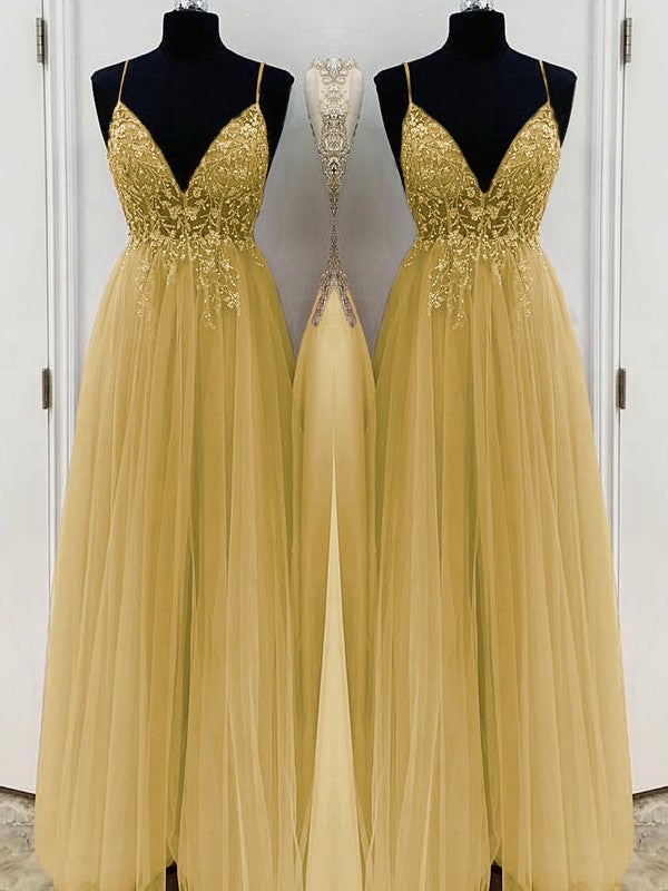 A-Line/Princess Beading Tulle Spaghetti Straps Sleeveless Floor-Length Prom Dress