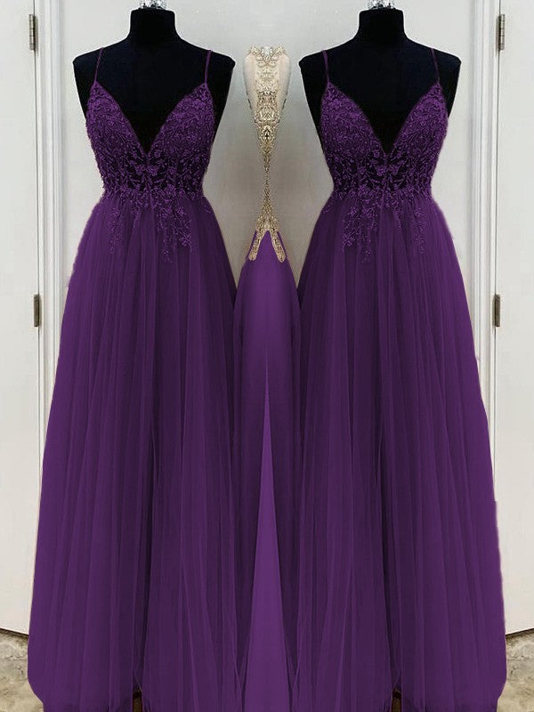 A-Line/Princess Beading Tulle Spaghetti Straps Sleeveless Floor-Length Prom Dress